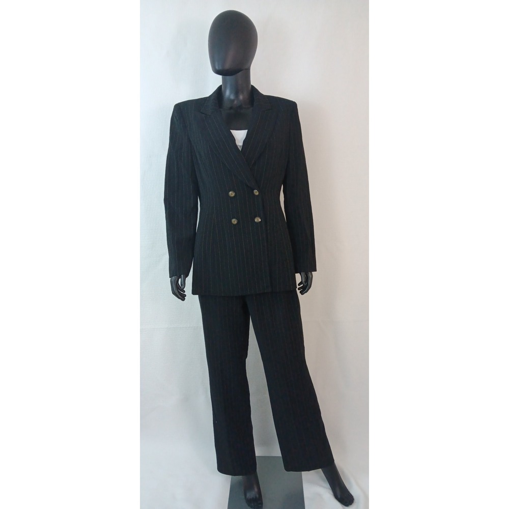 Le Suit Womens Black Pinstripe Double Breasted Pant Suit Set Size 8 Office Wear